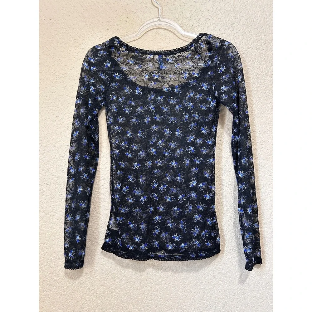 Free People Small Sheer Floral Lace Top Black Scoop Mesh Fairy Goth Lace Dainty